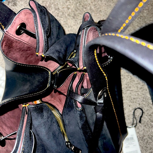 Coach Harmony Hobo Black Leather and Suede Maroon Interior with Yellow Stitching - Picture 6 of 17